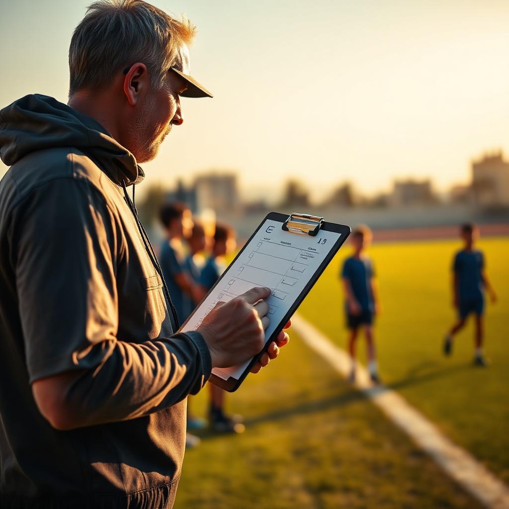 A youth football coach reviewing a session checklist on the sideline of a Dubai training pitch.