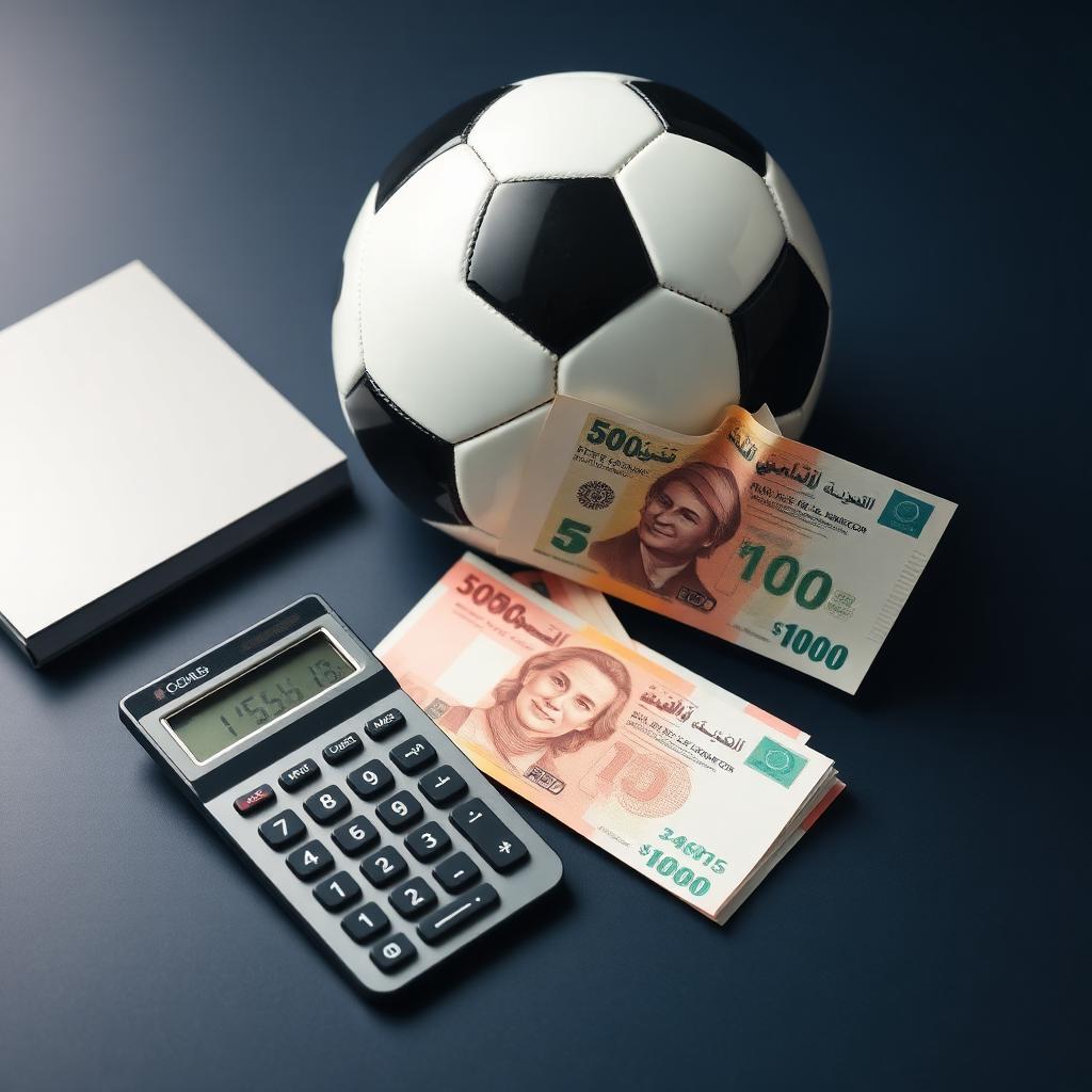 A football, calculator and AED banknotes on a desk — the cost of football training in Dubai.