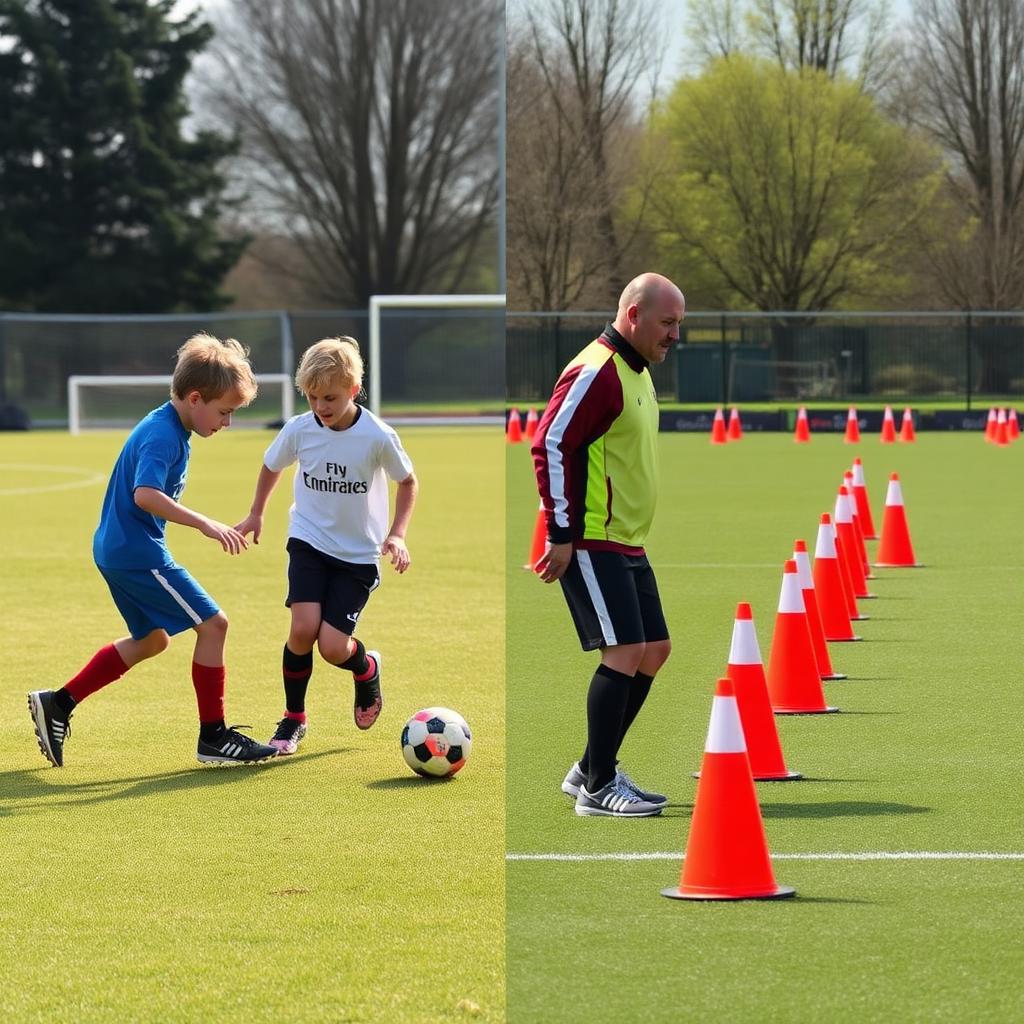 A grassroots kickabout on one side and a structured academy training session on the other.
