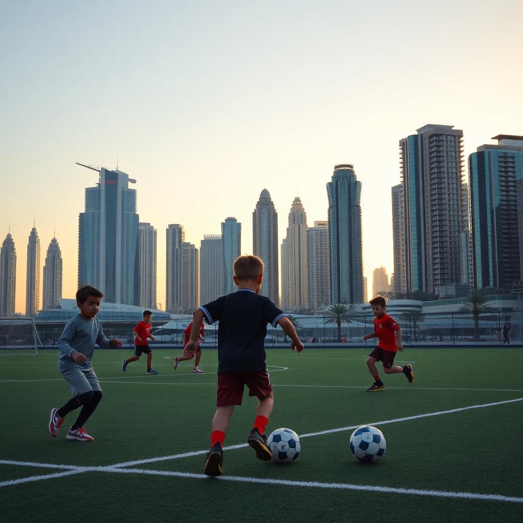 Kids playing football on a Dubai pitch with the Marina skyline in the background.
