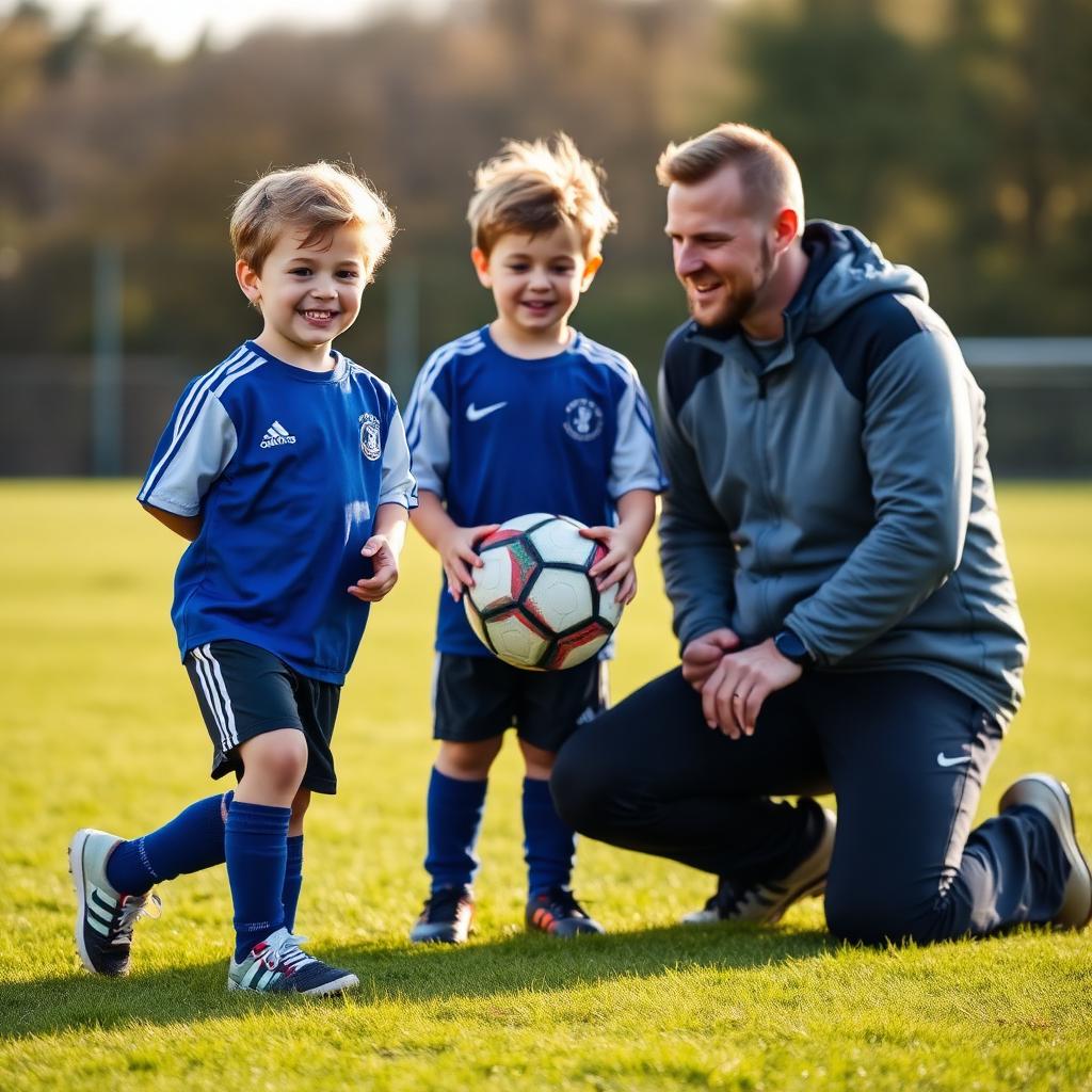 A young child in football kit smiling with a ball at their first football session.